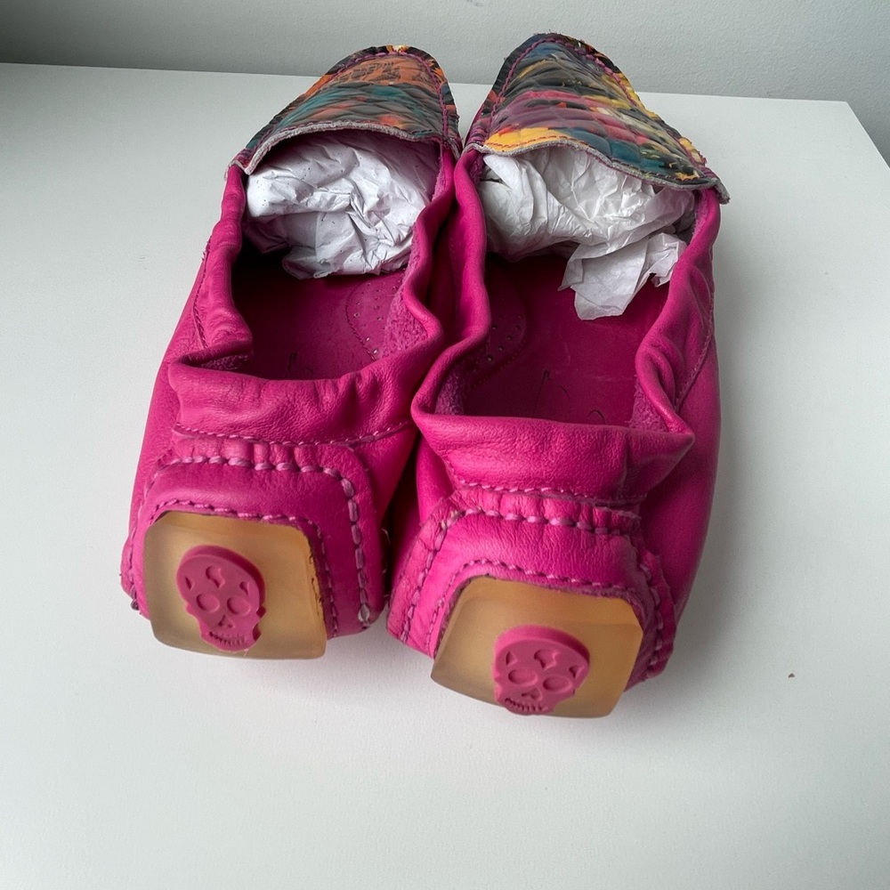 Tieks Hot Pink Leather Driving Loafers with Multicolor Printed Toe - Picture 3 of 5